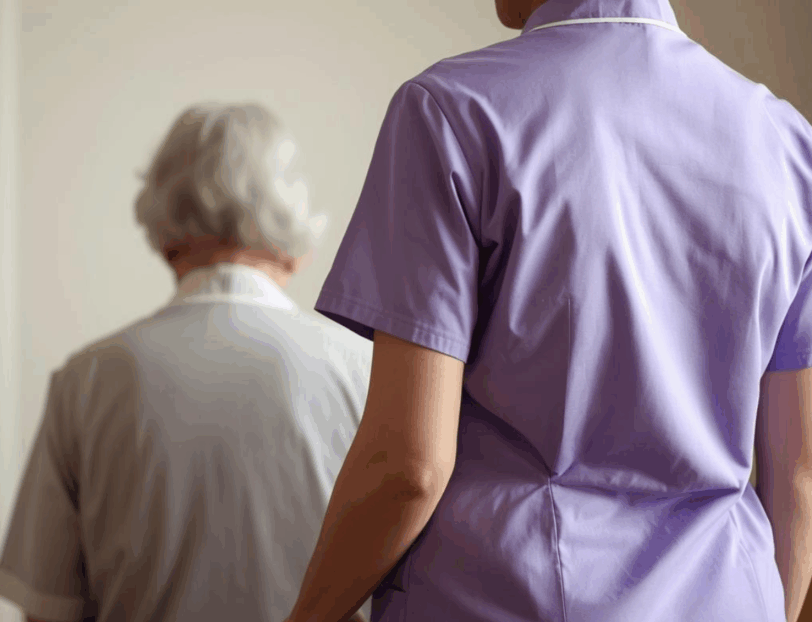 Carer in Lilac uniform caring for a client in Worcester
