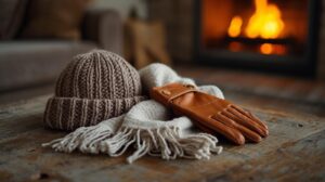 Hat, Scarf and Gloves on a table to show how to keep warm and well this winter
