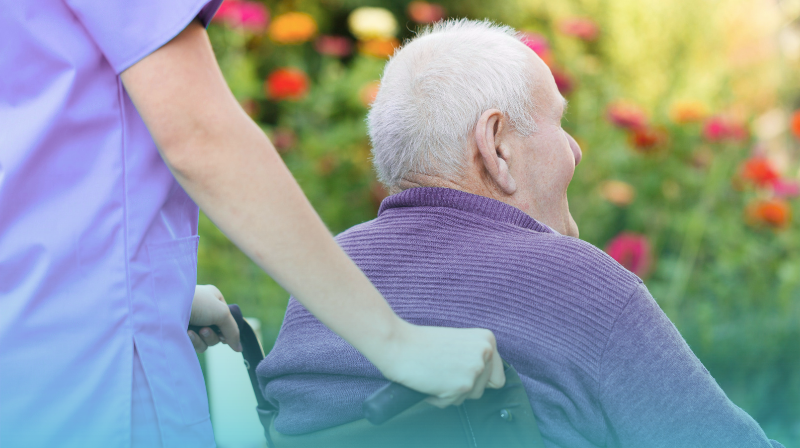 Voices Of Care: What Care Means To Me - New Blog | April 26 Voices Of Care, Featured Image For A Blog Post, Carer Pushing A Client In A Purple Jumper And Wheelchair